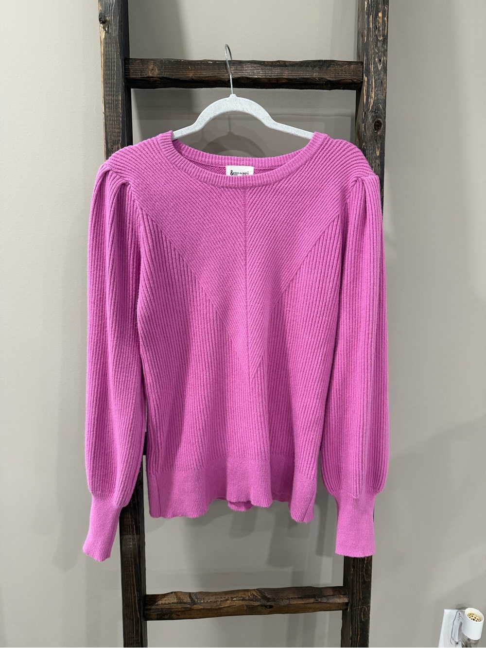 &Merci Pink Ribbed Knit Sweater With Balloon Sleeves